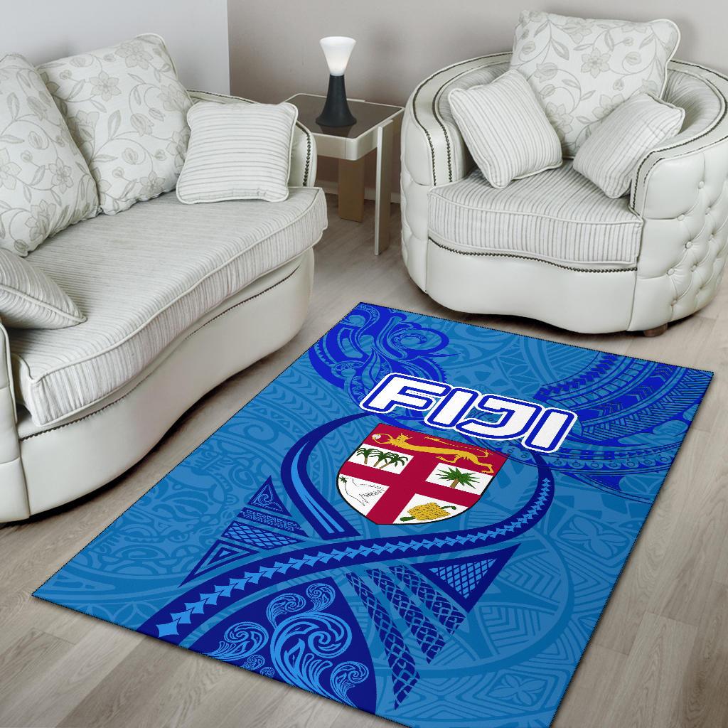 Blue Area Rug Fiji Rugby Polynesian Waves Style - Vibe Hoodie Shop