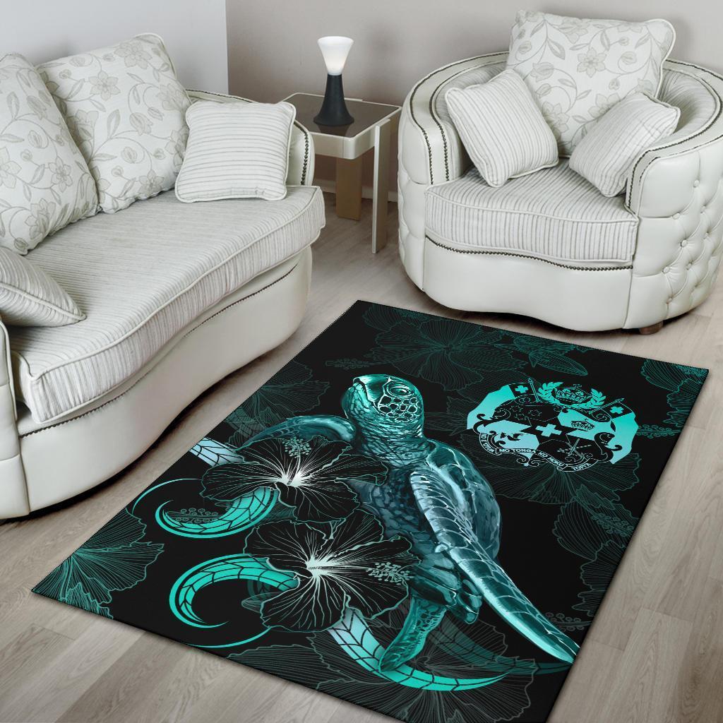 Tonga Polynesian Area Rugs - Turtle With Blooming Hibiscus Turquoise - Vibe Hoodie Shop