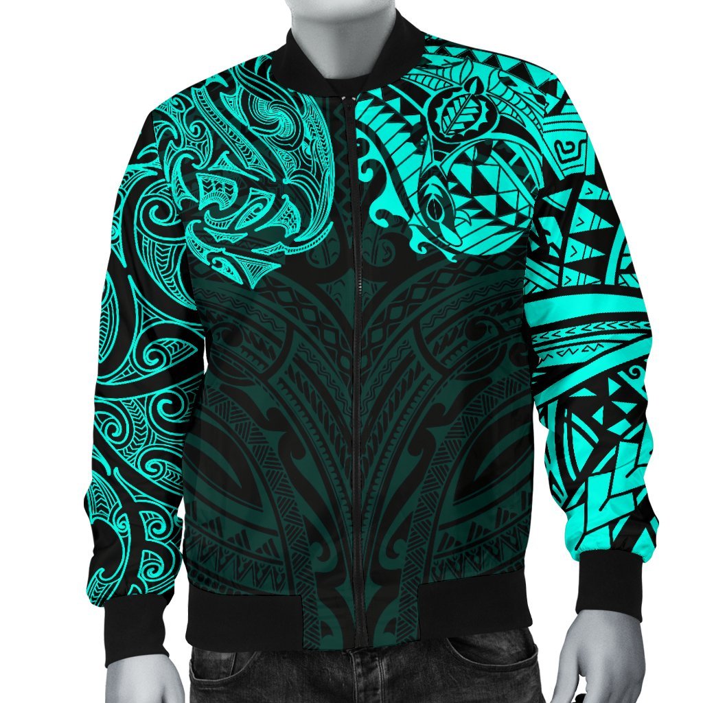 New Zealand Men's Bomber Jacket, Maori Polynesian Tattoo Turquoise - Vibe Hoodie Shop