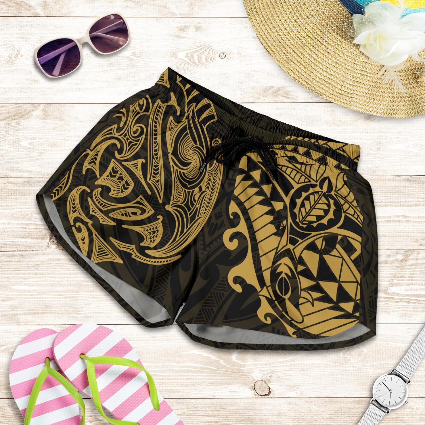 new-zealand-all-over-print-womens-shorts-maori-polynesian-tattoo-gold