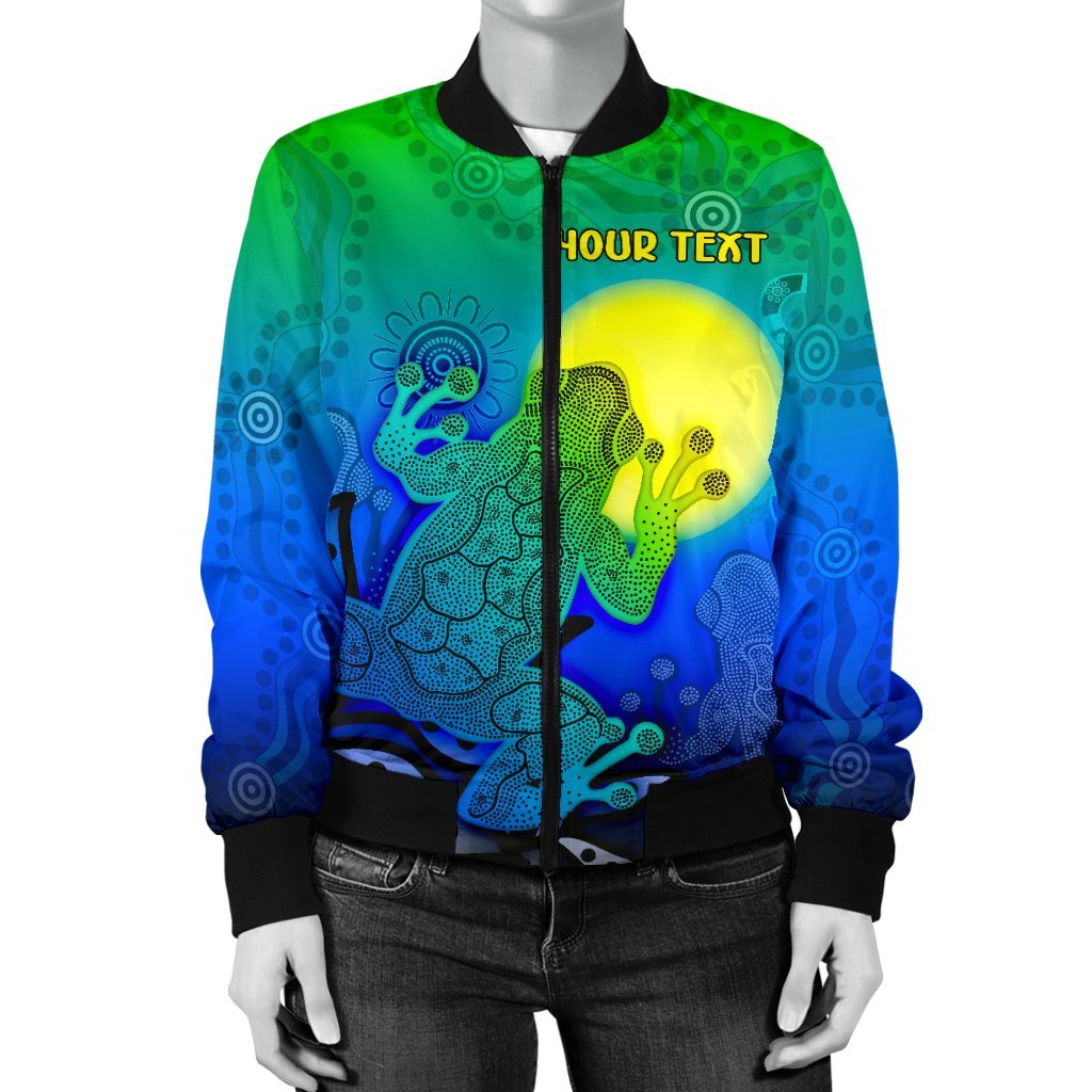 Custom Aboriginal Women's Bomber Jacket - Indigenous Frog (Blue) - Vibe Hoodie Shop