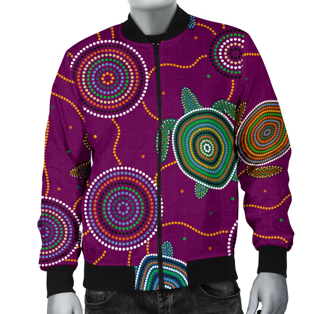 Men Bomber Jacket - Aboriginal Turtle Purple Australia Dot Patterns - Vibe Hoodie Shop