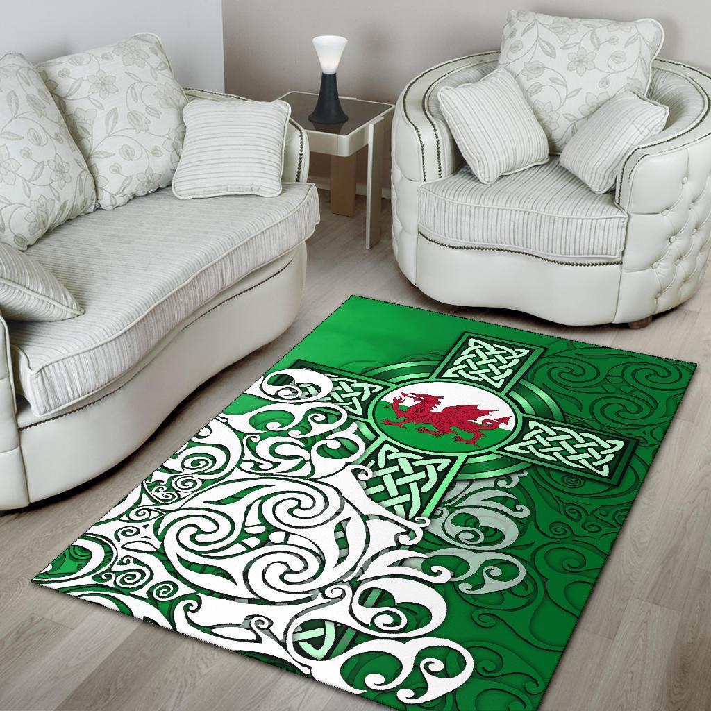 Wales Celtic Area Rug - Welsh Dragon Flag with Celtic Cross (Green) - Vibe Hoodie Shop