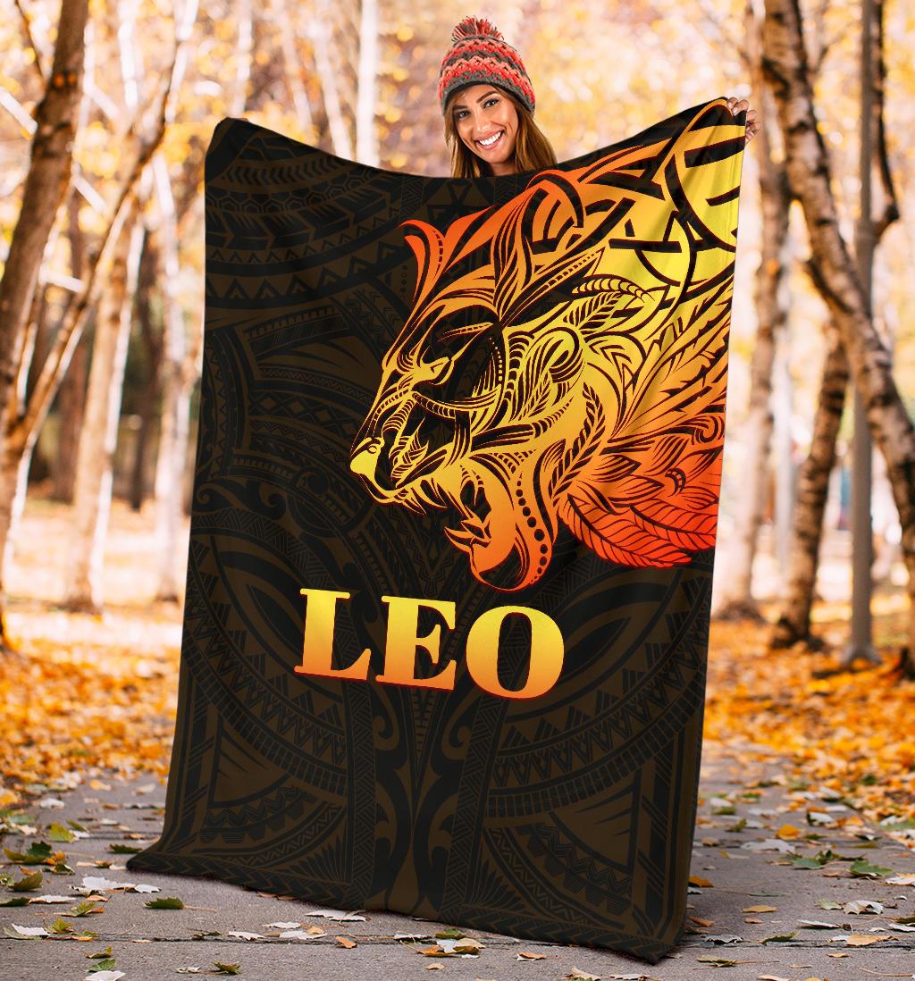 Sun In Leo Zodiac Premium Blanket Polynesian Tattoo Simple - Orange Black - Vibe Hoodie Shop