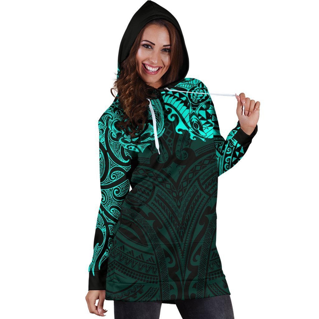 New Zealand Women's Hoodie Dress, Maori Polynesian Tattoo Turquoise - Vibe Hoodie Shop