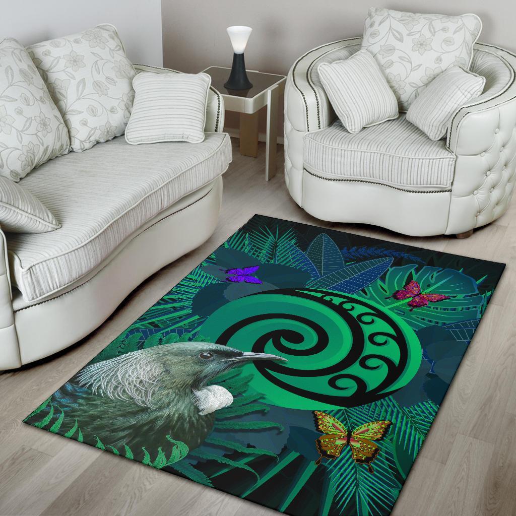 New Zealand Area Rug Koru Fern Mix Tui Bird - Tropical Floral Turquoise - Vibe Hoodie Shop