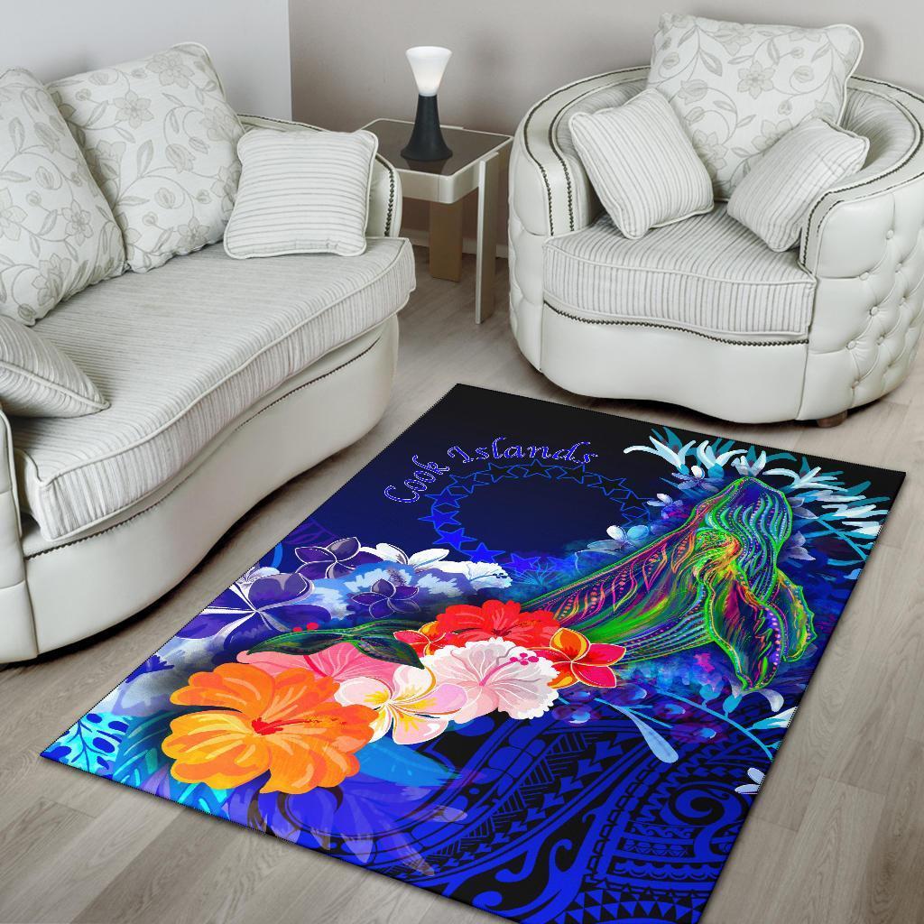 Cook Islands Area Rug - Humpback Whale with Tropical Flowers (Blue) - Vibe Hoodie Shop