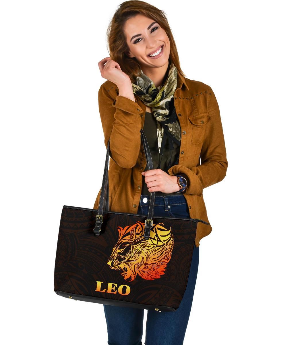sun-in-leo-zodiac-large-leather-tote-polynesian-tattoo-simple-orange-black