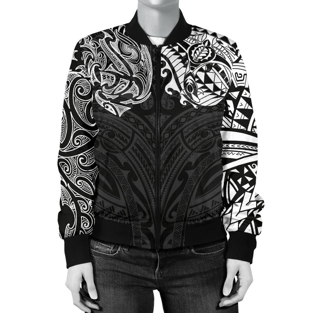 New Zealand Women's Bomber Jacket, Maori Polynesian Tattoo White - Vibe Hoodie Shop