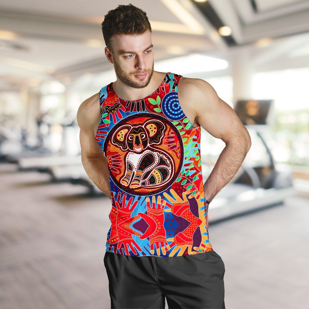 Aboriginal Men's Tank Top, Koala and Hand Art Dot Painting Mens Tank - Vibe Hoodie Shop