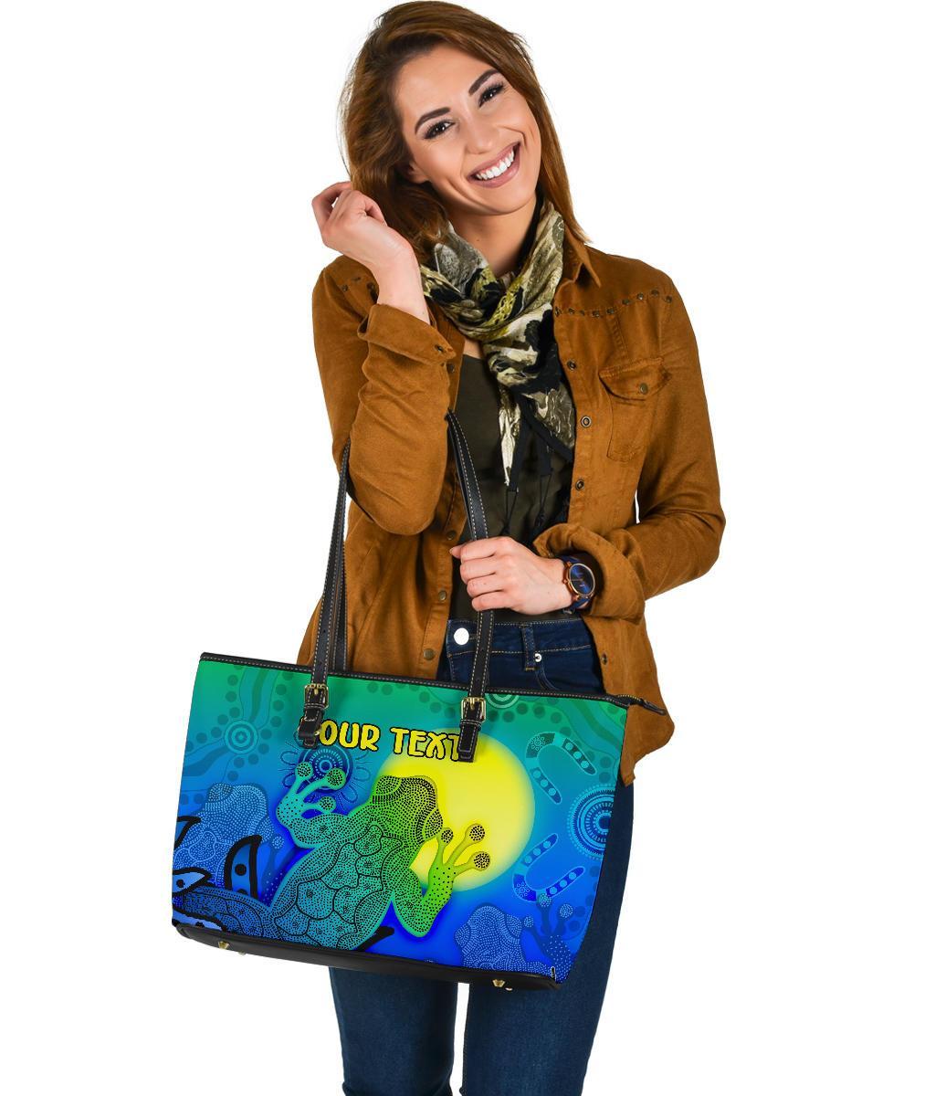 custom-aboriginal-large-leather-tote-bag-indigenous-frog-blue