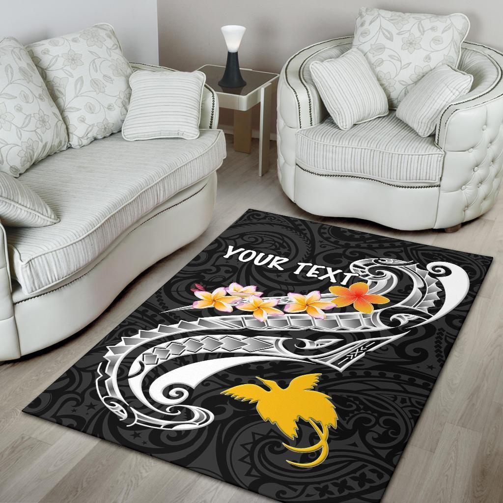 Papua New Guinea Custom Personalised Area Rug - PNG Seal Polynesian Patterns Plumeria (Black) - Vibe Hoodie Shop