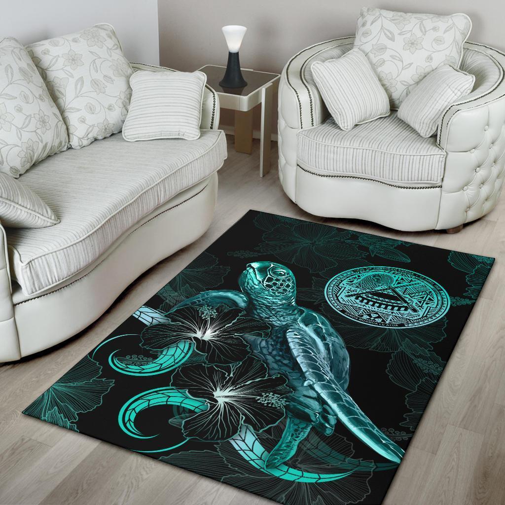 American Samoa Polynesian Area Rugs - Turtle With Blooming Hibiscus Turquoise - Vibe Hoodie Shop