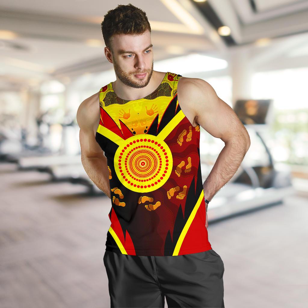 Aboriginal Men's Tank Top - Indigenous Flag With Footprint Hand Art - Vibe Hoodie Shop