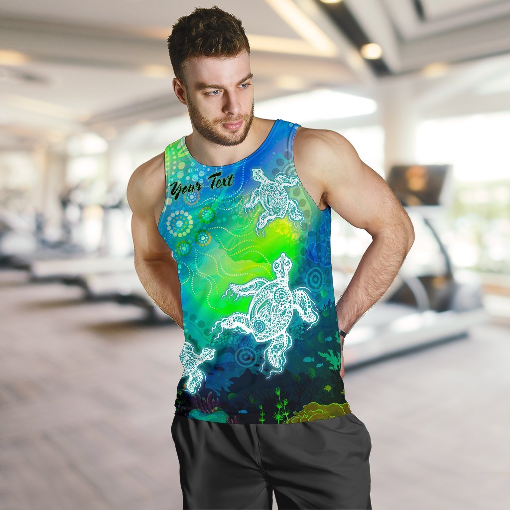 Custom Text Aboriginal Men's Tank Top - Indigenous Turtle Ocean Dot Painting Art - Vibe Hoodie Shop