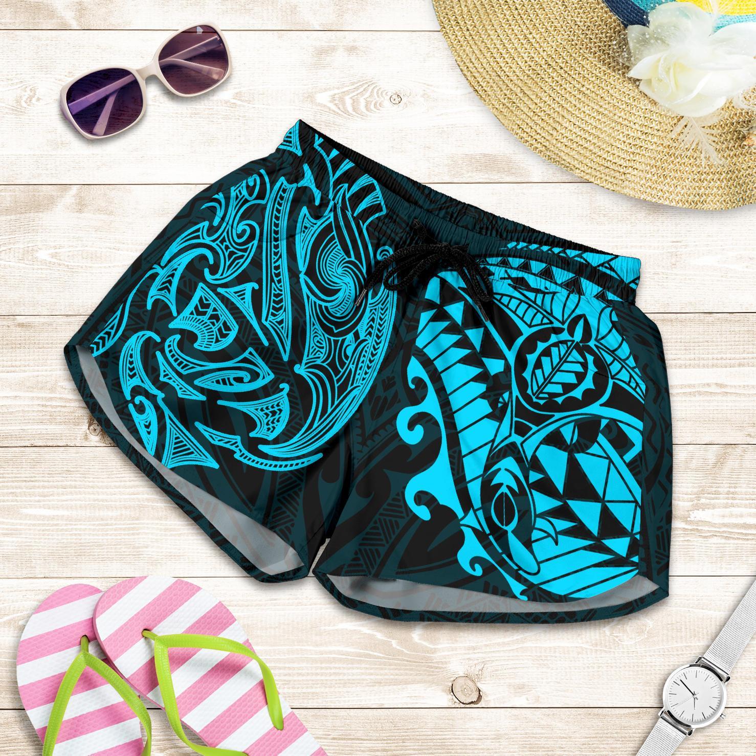 new-zealand-all-over-print-womens-shorts-maori-polynesian-tattoo-blue