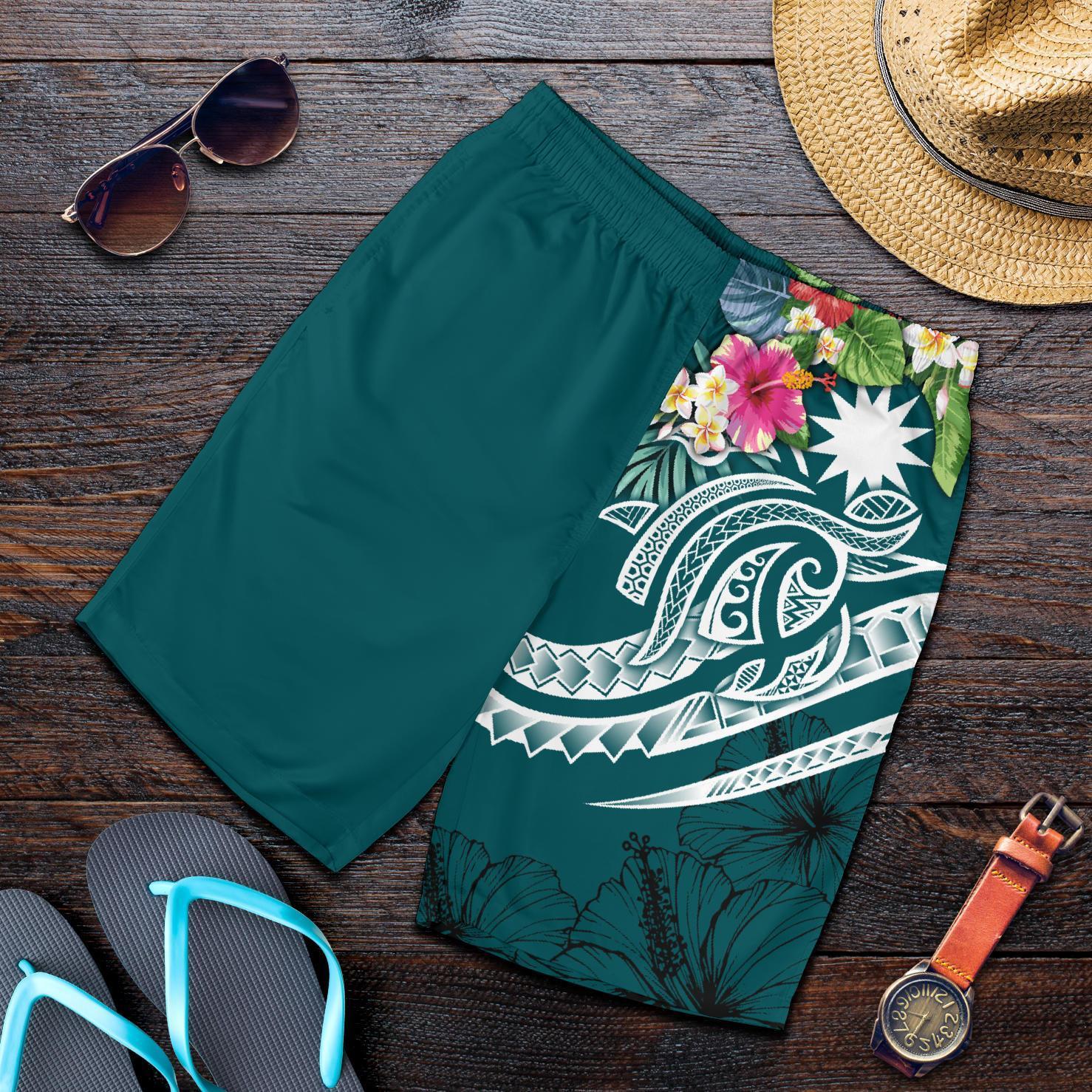 Nauru Polynesian Men's Shorts - Summer Plumeria (Turquoise) - Vibe Hoodie Shop