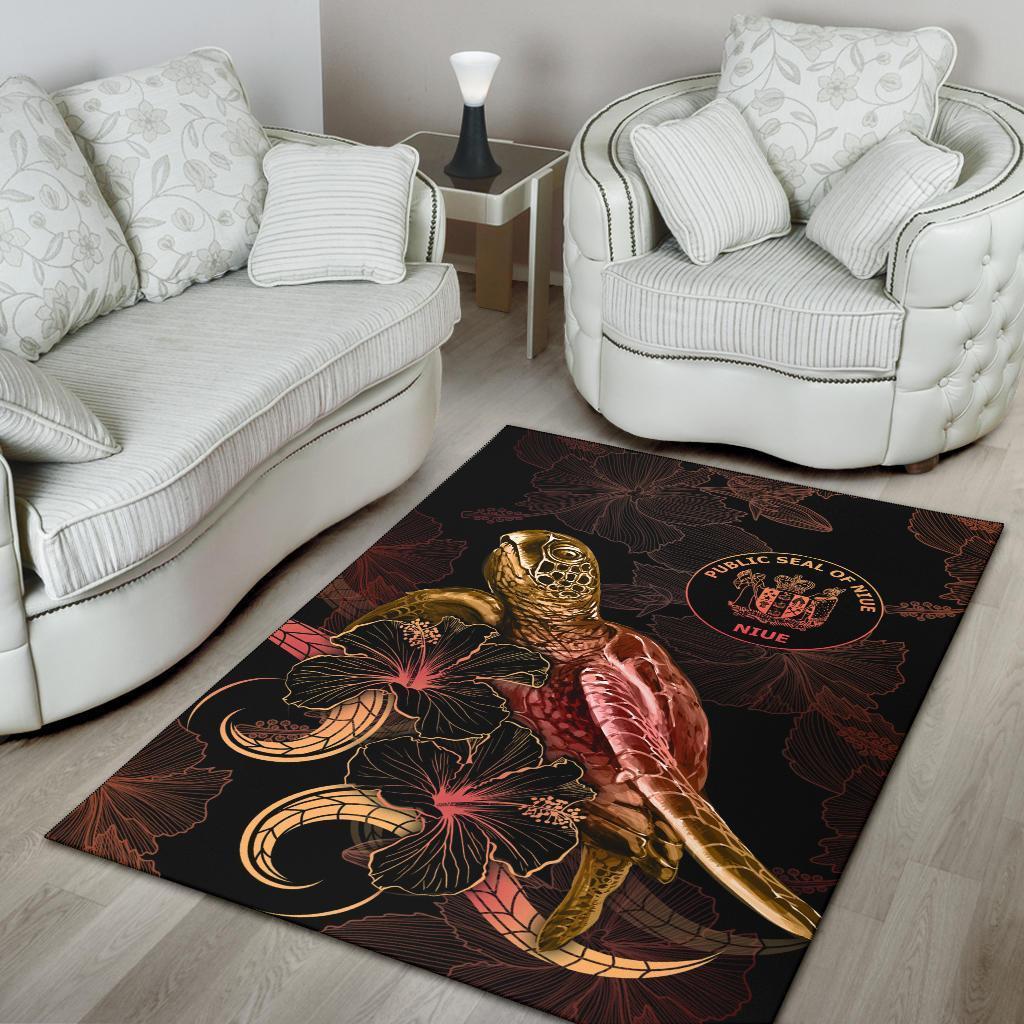 Niue Polynesian Area Rugs - Turtle With Blooming Hibiscus Gold - Vibe Hoodie Shop