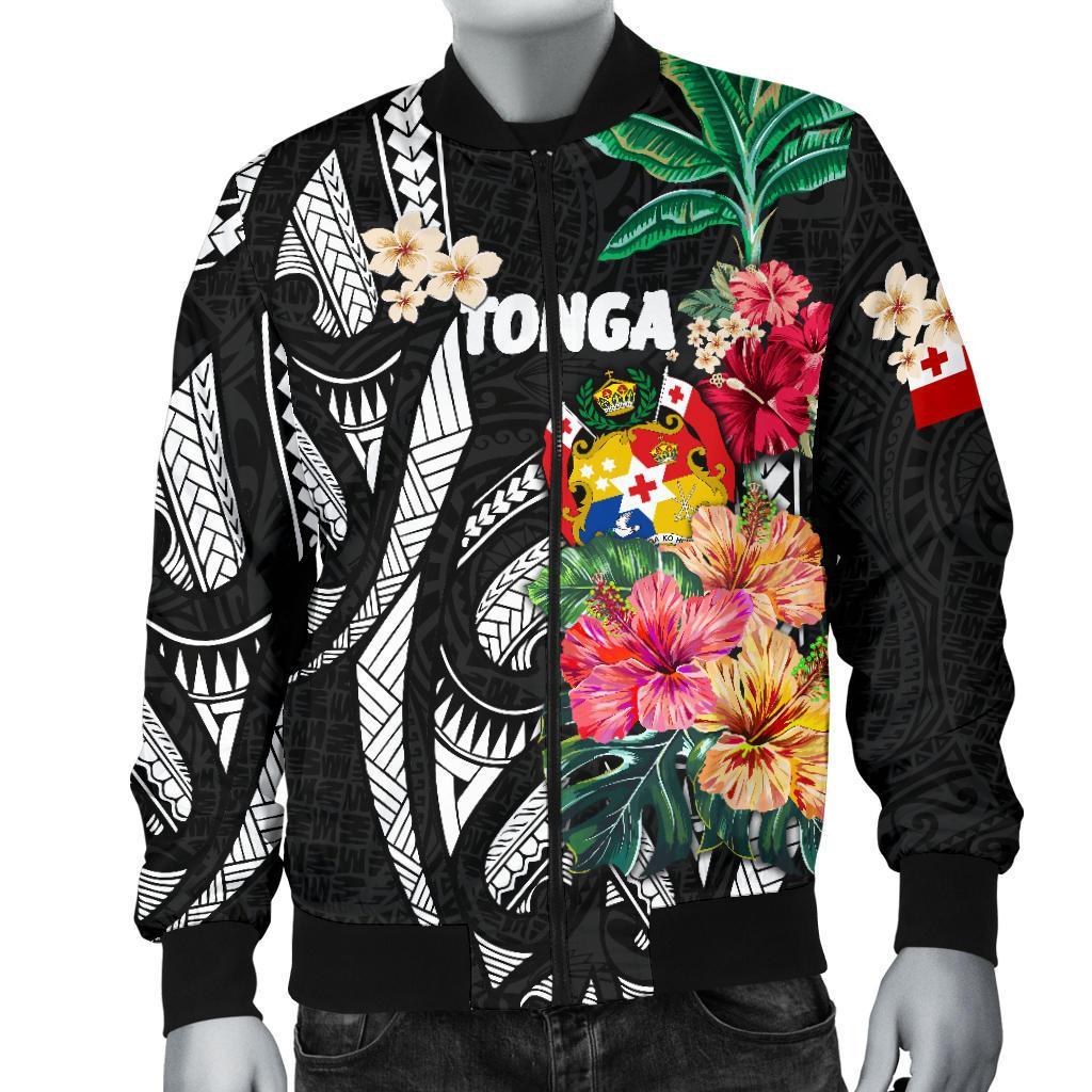 Hoodie Tonga Men's Bomber Jacket Coat Of Arms Polynesian With Hibiscus - Vibe Hoodie Shop