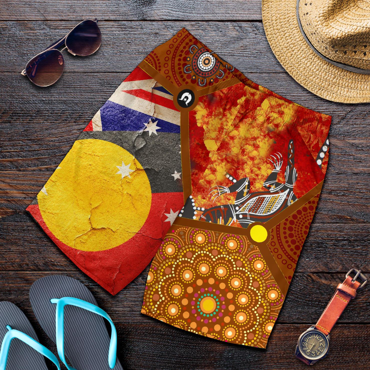 Shorts - Aboriginal Dot Painting and Flags, Crocodile - Vibe Hoodie Shop