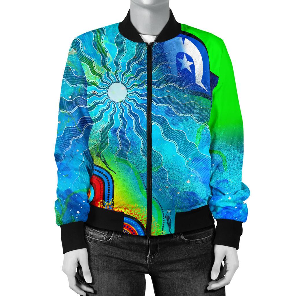 Women's Bomber Jacket - Torres Strait Islanders Flag with Aboriginal Patterns Jacket - Vibe Hoodie Shop