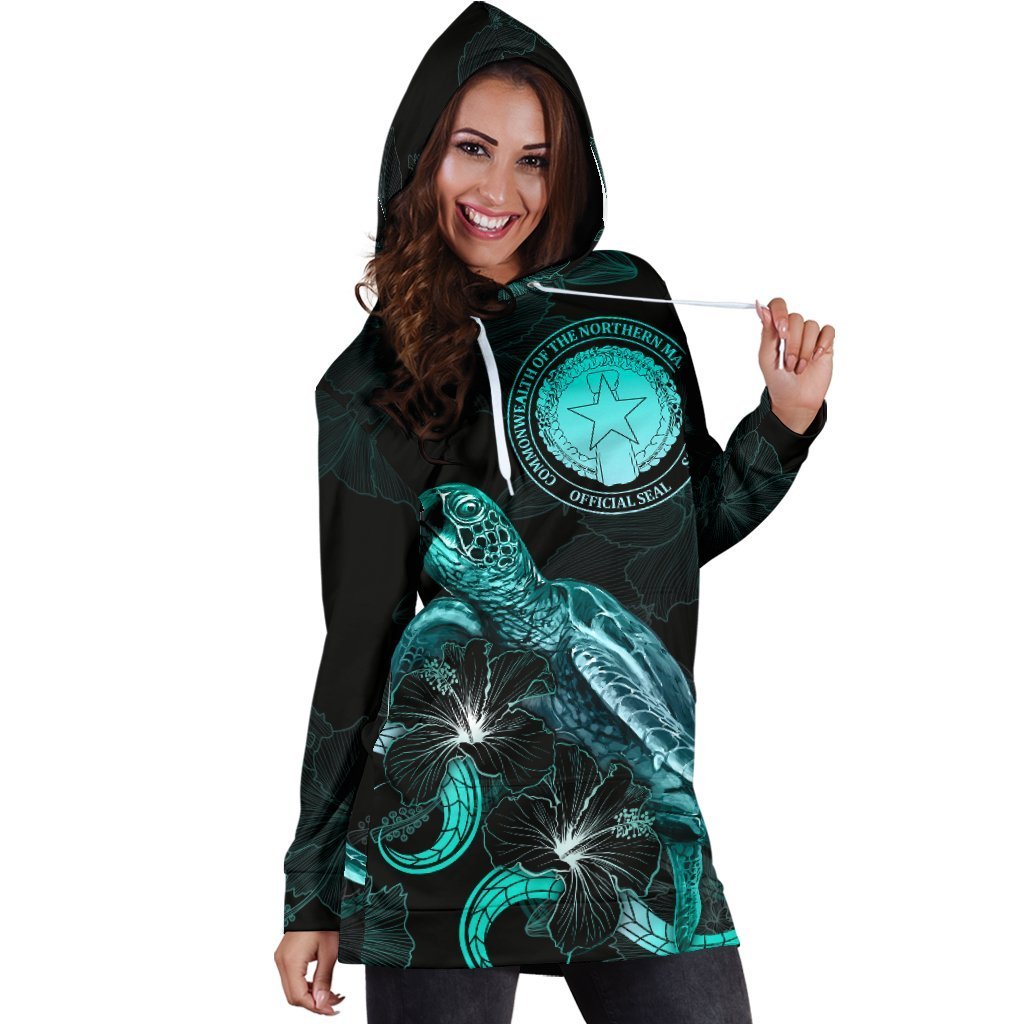 CNMI Polynesian Hoodie Dress - Turtle With Blooming Hibiscus Turquoise - Vibe Hoodie Shop