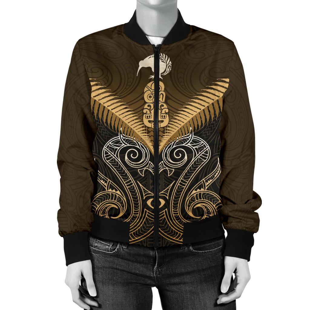 Maori Manaia New Zealand Women Bomber Jacket Gold - Vibe Hoodie Shop