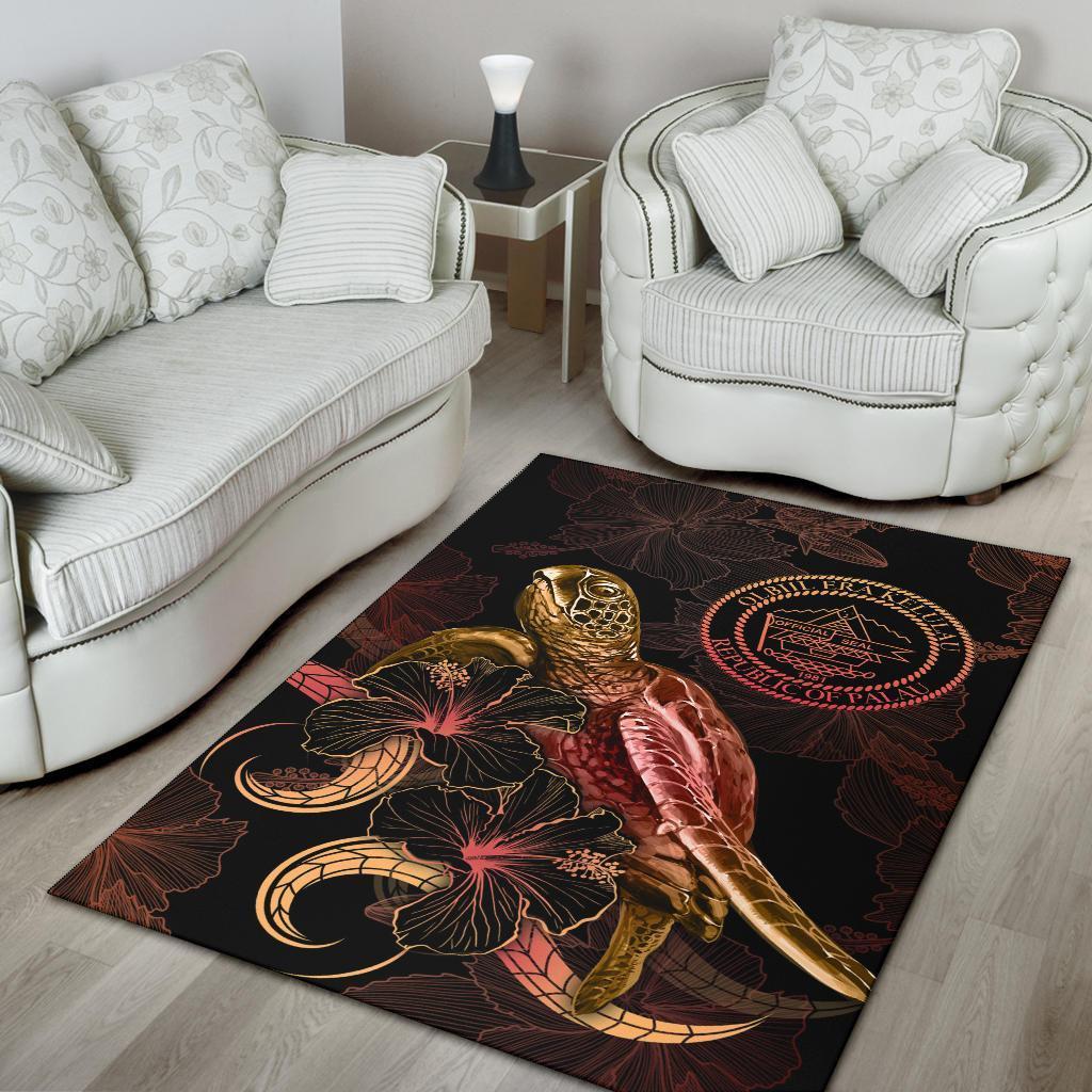 Palau Polynesian Area Rugs - Turtle With Blooming Hibiscus Gold - Vibe Hoodie Shop