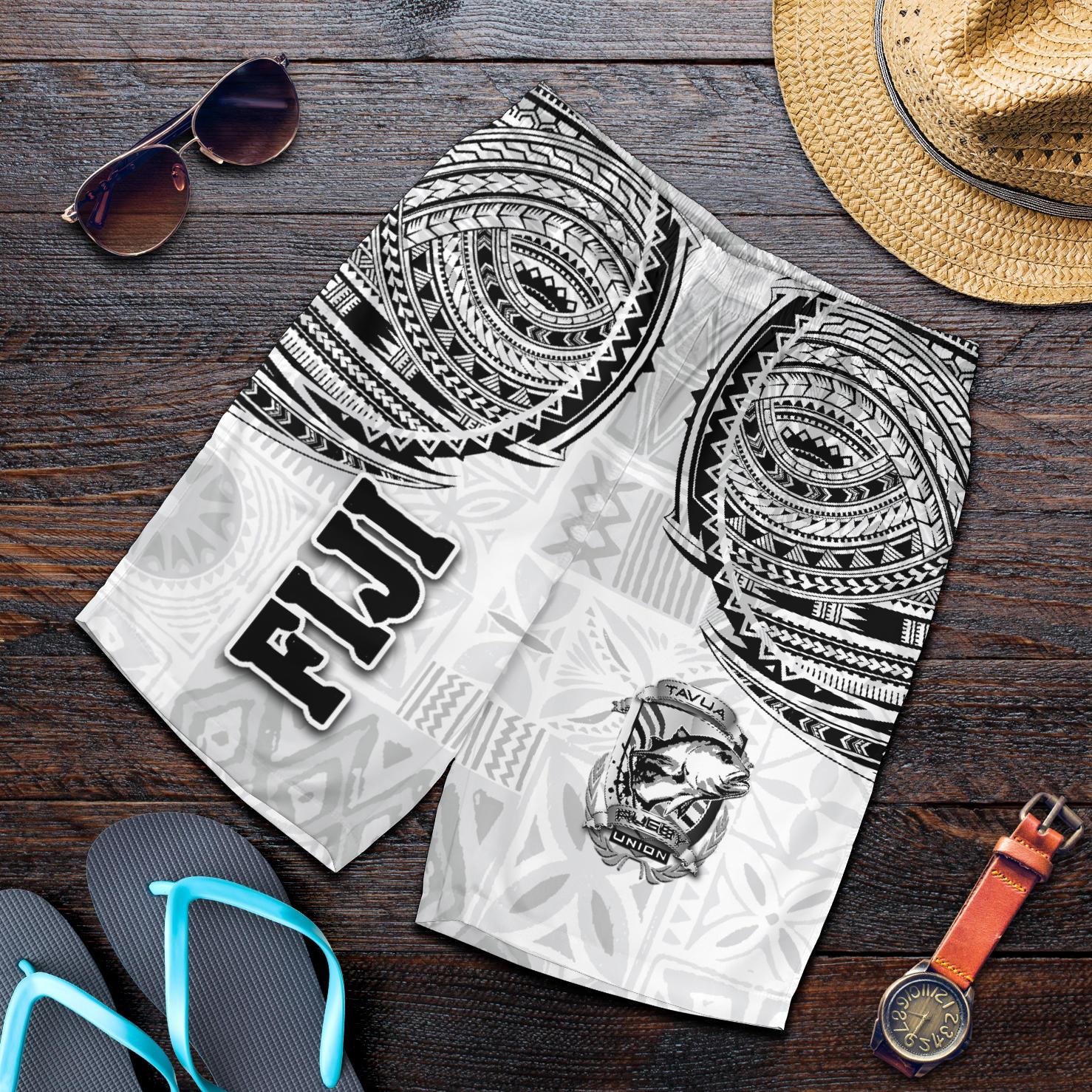 Fiji Tavua Rugby Tapa Men Shorts Polynesian White - Vibe Hoodie Shop