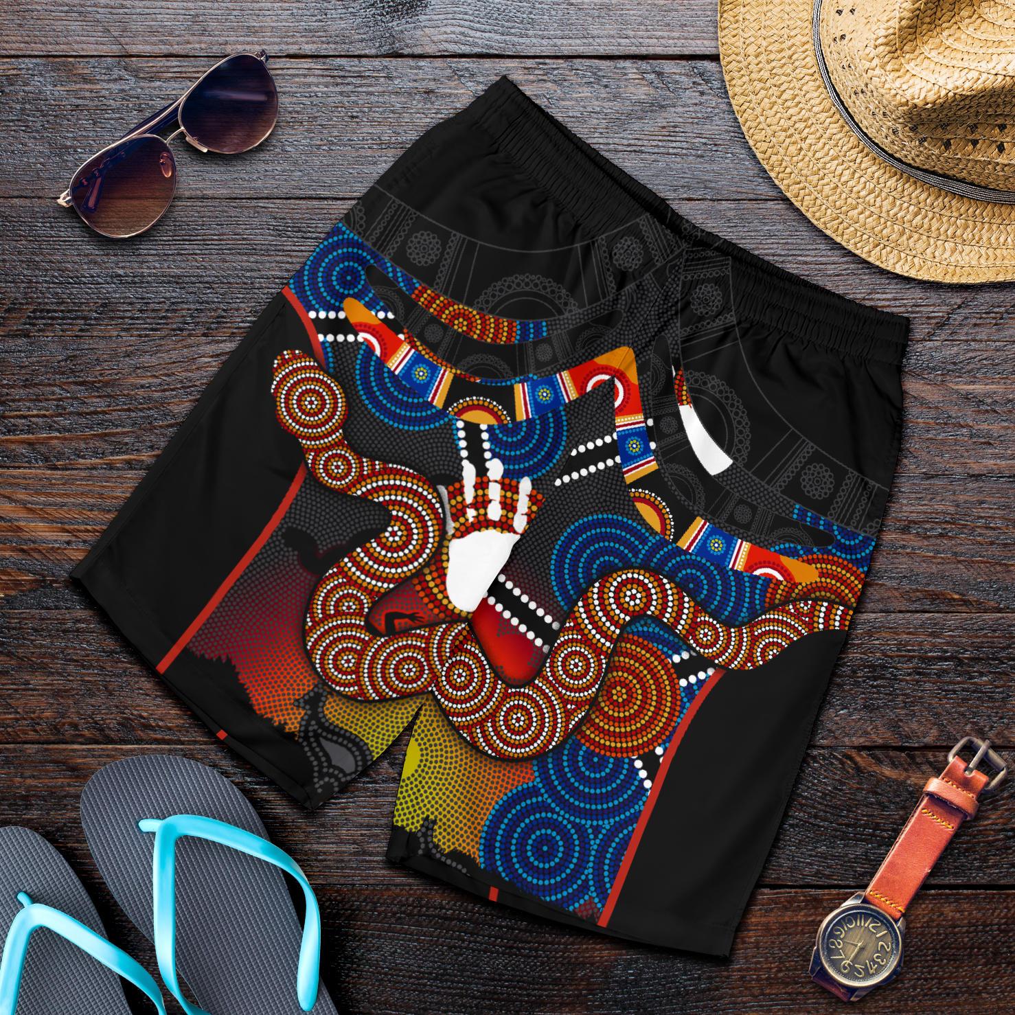 Aboriginal Men's Shorts, Australian Boomerang and Snake Indigenous Art - Vibe Hoodie Shop