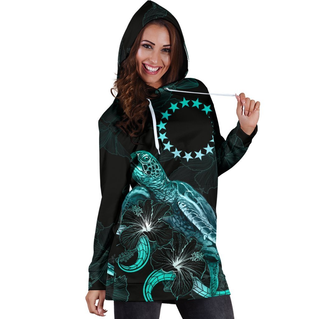 Cook Islands Polynesian Hoodie Dress - Turtle With Blooming Hibiscus Turquoise - Vibe Hoodie Shop