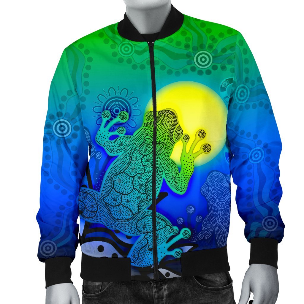 Aboriginal Men's Bomber Jacket - Indigenous Frog (Blue) - Vibe Hoodie Shop