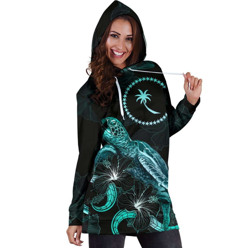 Chuuk Polynesian Hoodie Dress - Turtle With Blooming Hibiscus Turquoise - Vibe Hoodie Shop