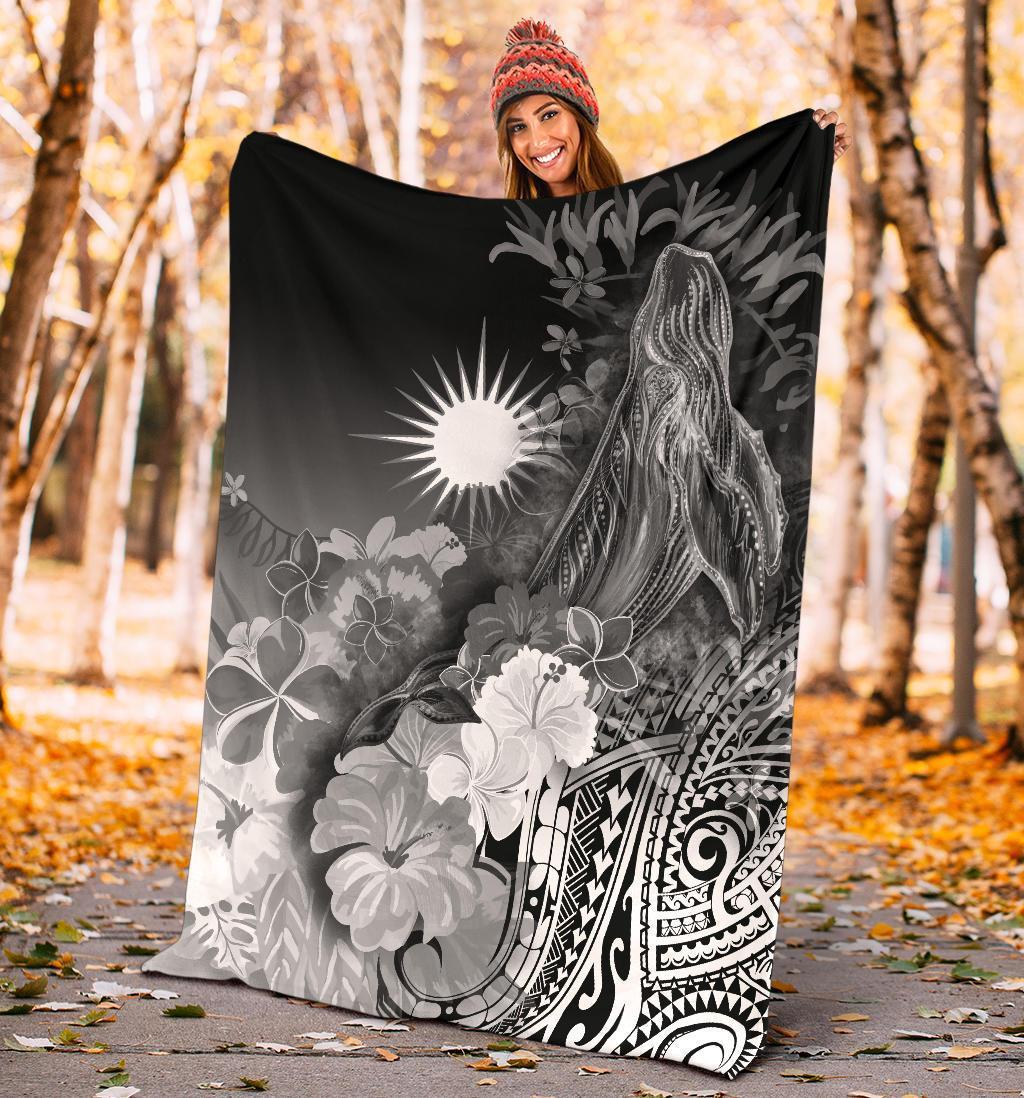 Marshall Islands Premium Blanket - Humpback Whale with Tropical Flowers (White) - Vibe Hoodie Shop