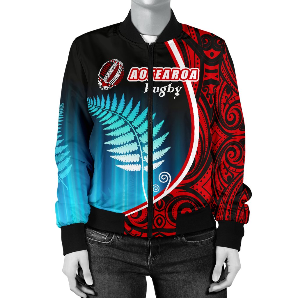 Aotearoa Rugby Black Maori Women Bomber Jacket Kiwi and Silver Fern New Zealand - Vibe Hoodie Shop