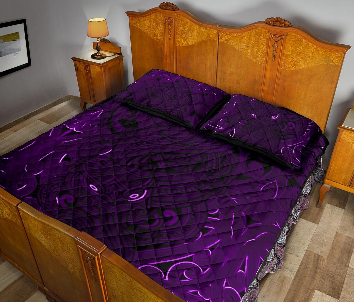 New Zealand Quilt Bed Set, Maori Gods Quilt And Pillow Cover Tumatauenga (God Of War) - Purple - Vibe Hoodie Shop