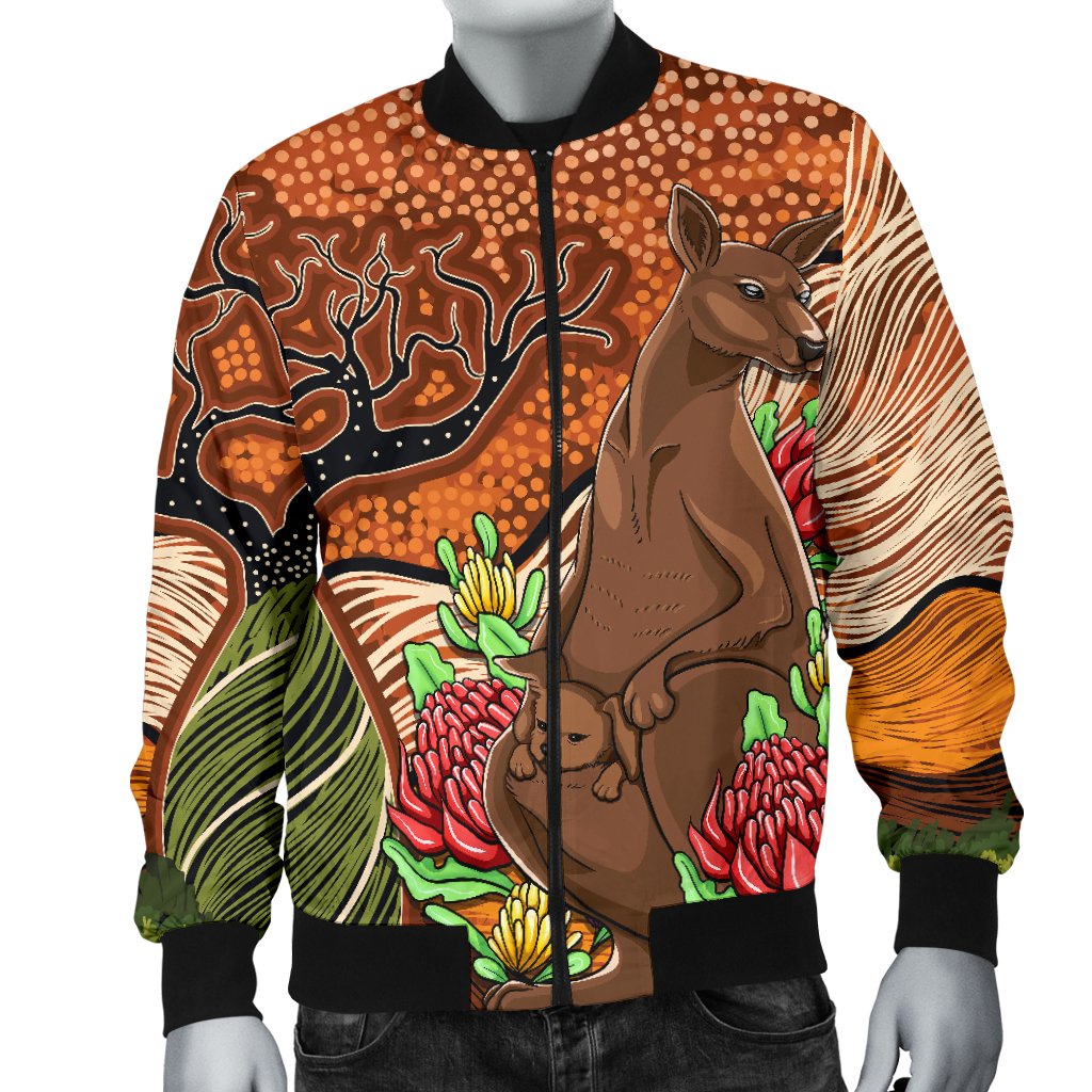 Aboriginal Men's Bomber Jacket - Kangaroo With Indigenous Tree - Vibe Hoodie Shop