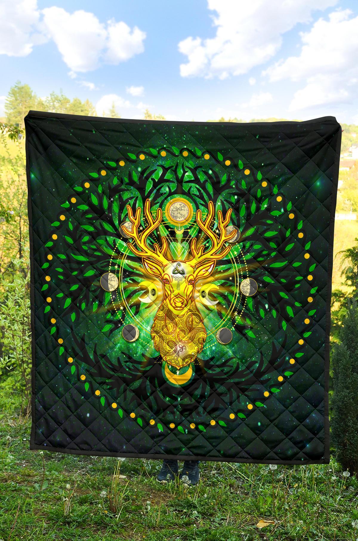Celtic Pagan Deer Premium Quilt - Moon Phases Deer with Tree of Life - Vibe Hoodie Shop
