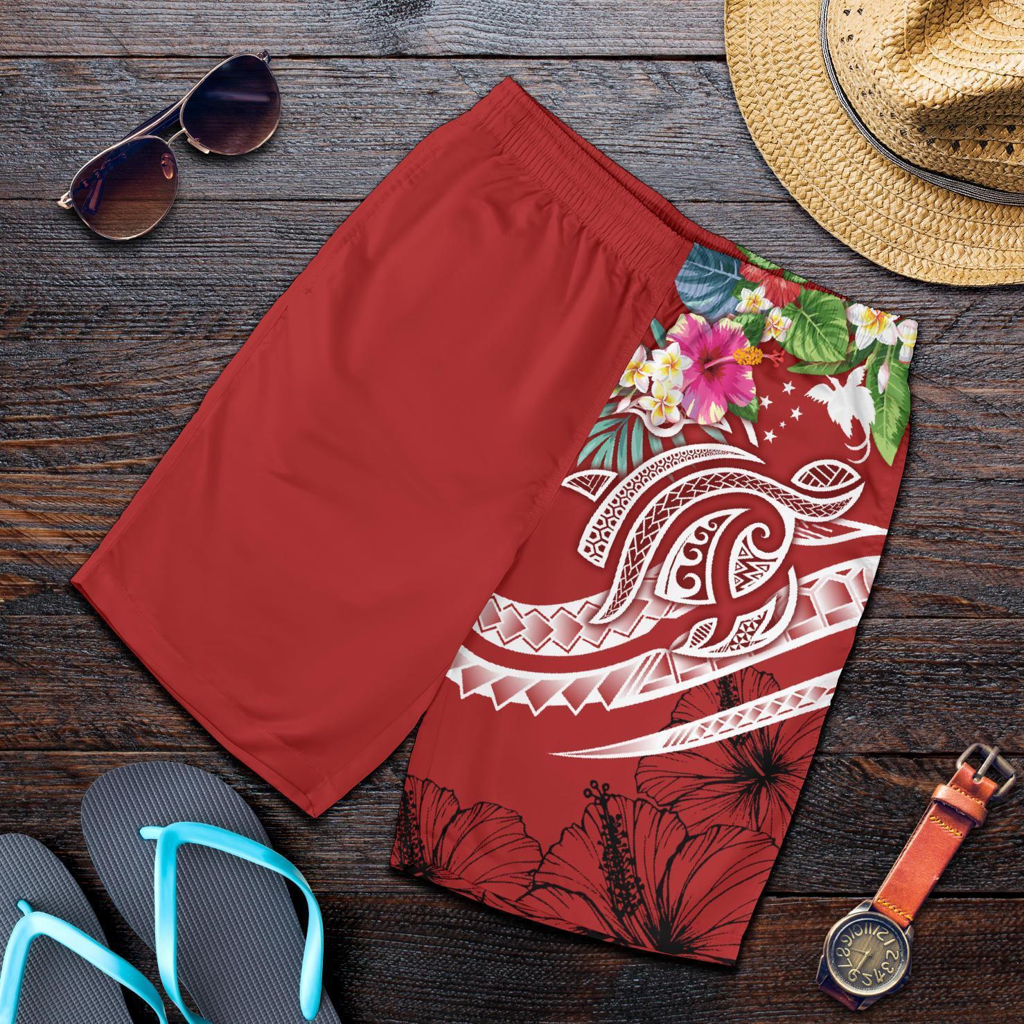 Papua New Guinea Polynesian Men's Shorts - Summer Plumeria (Red) - Vibe Hoodie Shop