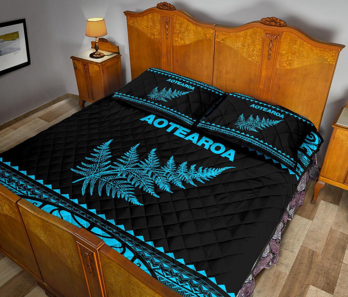 Aotearoa New Zealand Maori Quilt Bed Set Silver Fern Blue - Vibe Hoodie Shop