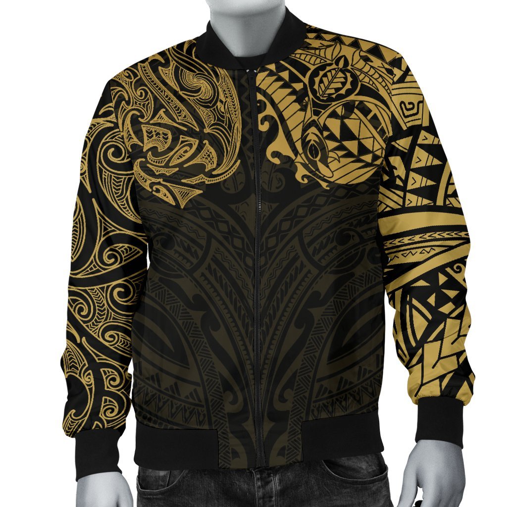 New Zealand Men's Bomber Jacket, Maori Polynesian Tattoo Gold - Vibe Hoodie Shop