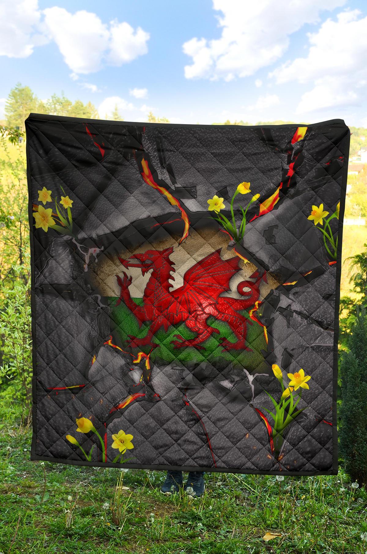 Wales Premium Quilt - Welsh Dragon Daffodil Lava - Vibe Hoodie Shop