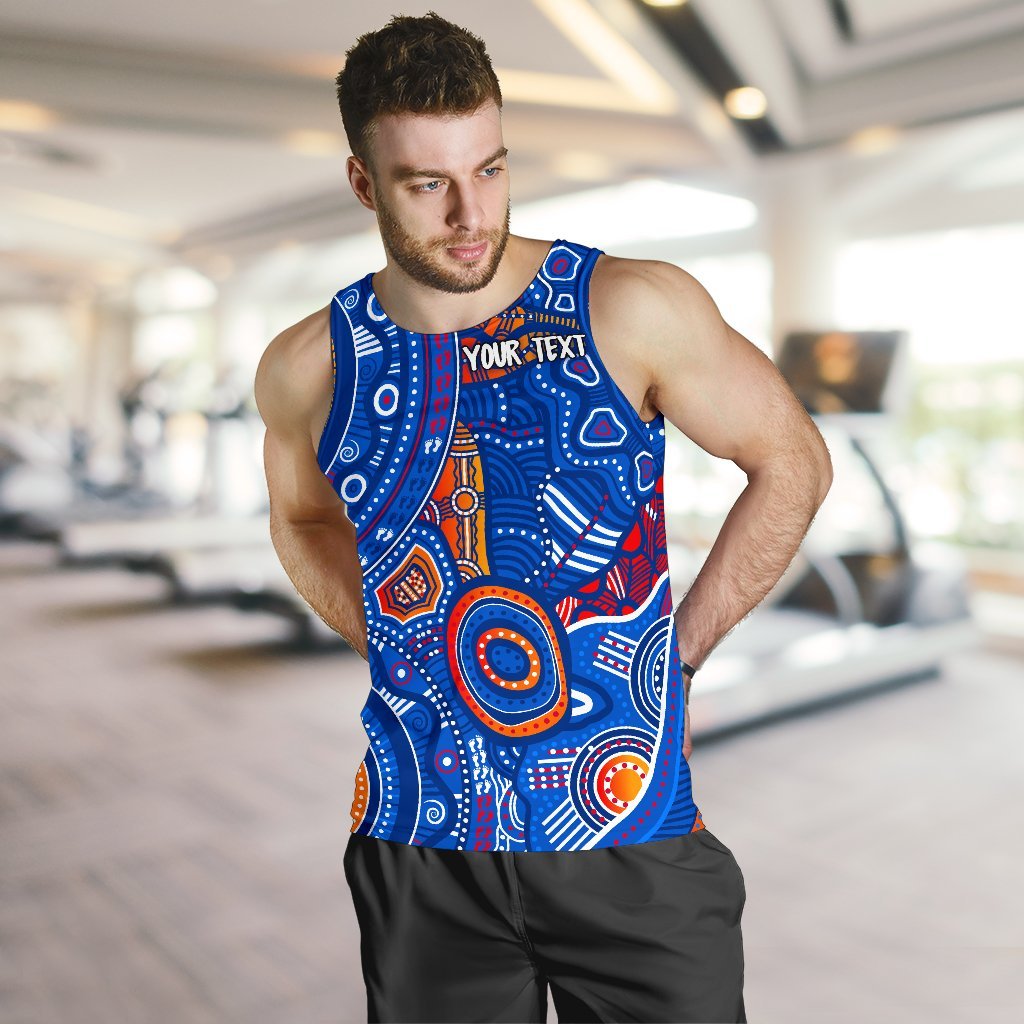 Custom Text Aboriginal Men's Tank Top - Indigenous Footprint Patterns Blue Color - Vibe Hoodie Shop