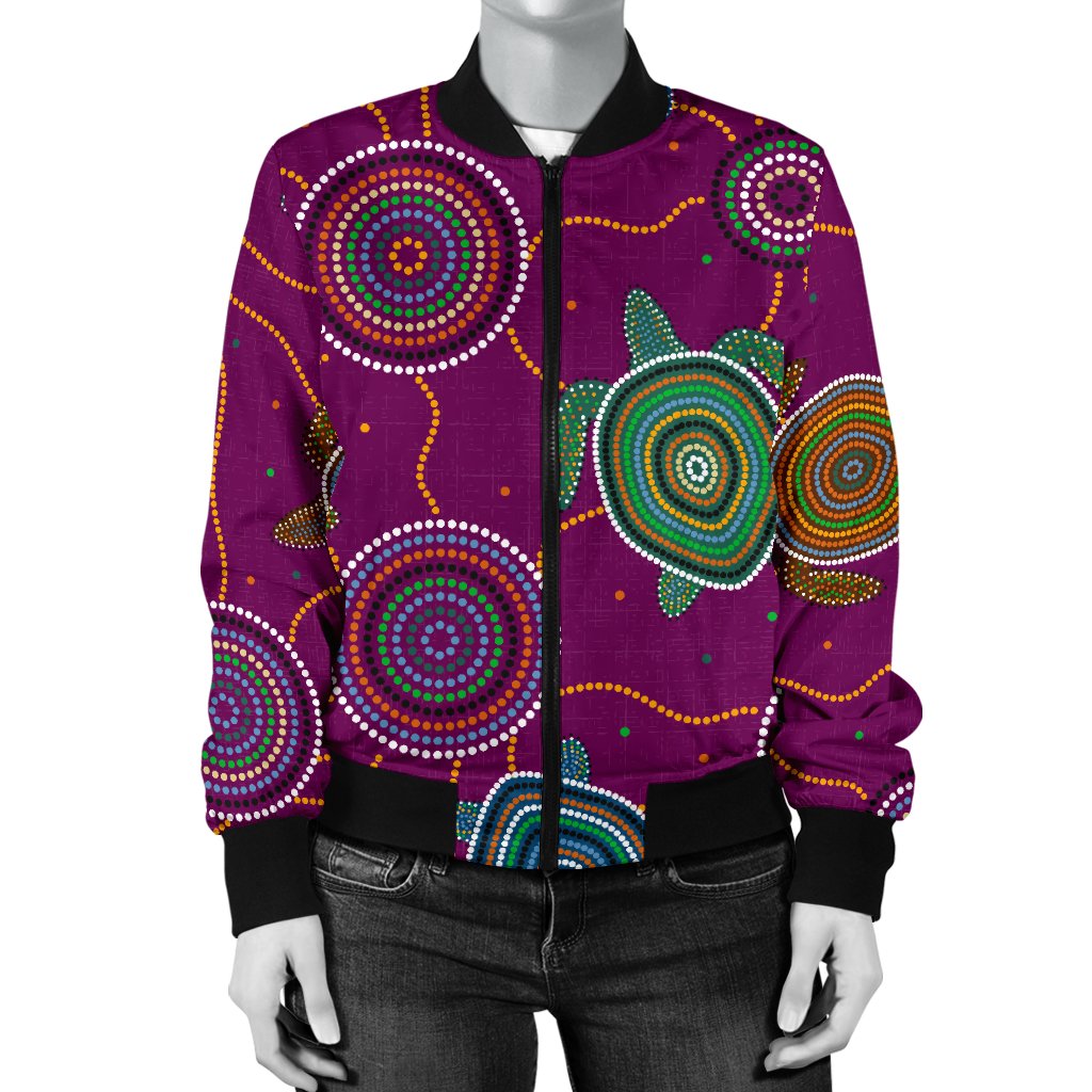 Women Bomber Jacket - Aboriginal Turtle Purple Australia Dot Patterns - Vibe Hoodie Shop