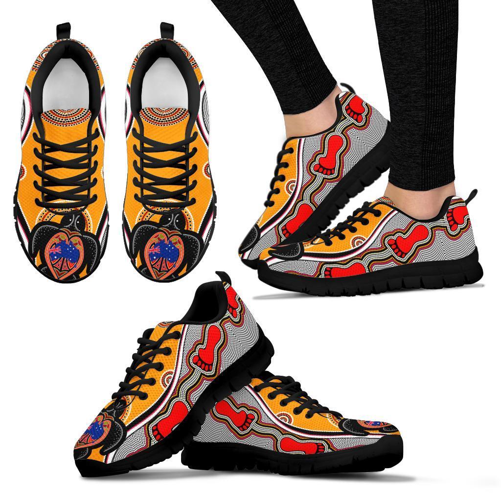 Aboriginal Sneakers, Turtle Patterns Aus Flag Footprint Dot Painting - Vibe Hoodie Shop