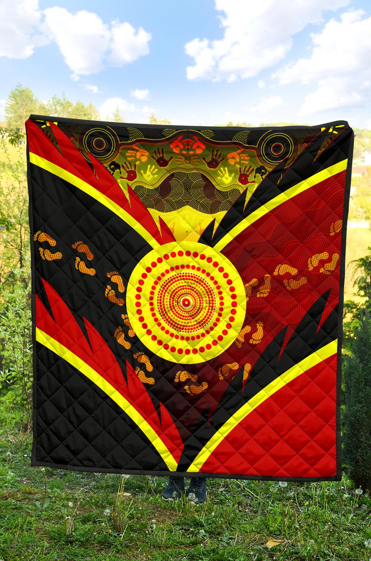 Aboriginal Premium Quilt - Indigenous Flag With Footprint Hand Art - Vibe Hoodie Shop