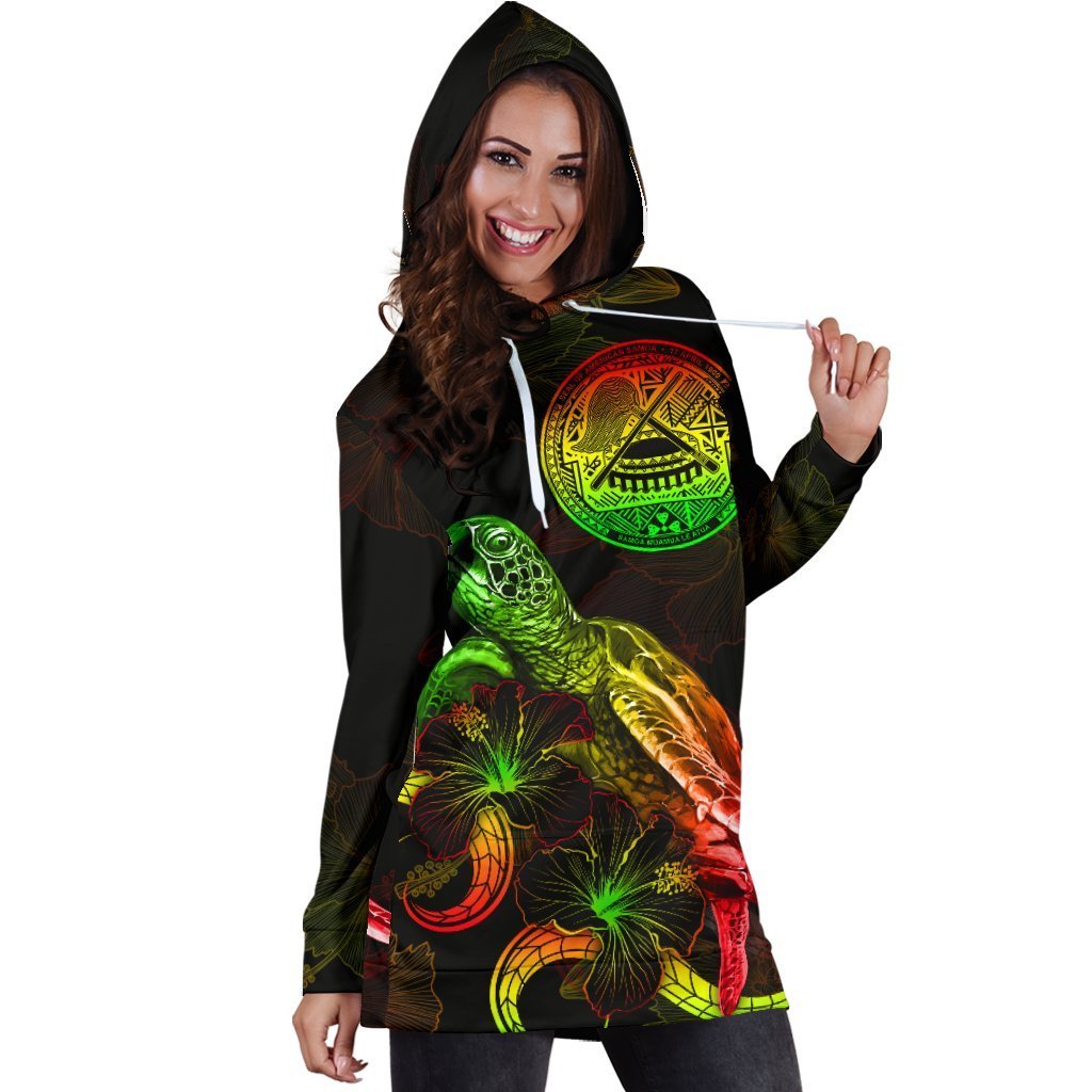 American Samoa Polynesian Hoodie Dress - Turtle With Blooming Hibiscus Reggae - Vibe Hoodie Shop