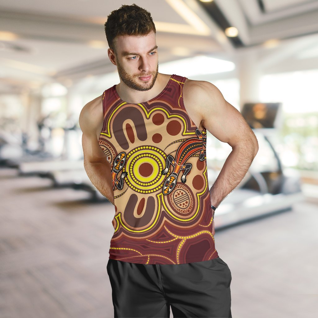 Aboriginal Men's Tank Top, Indigenous Lizard Dot Painting Art - Vibe Hoodie Shop