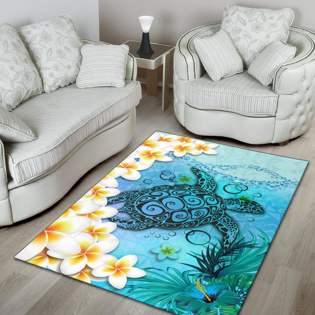 Polynesian Turtle Area Rug, Plumeria with Hibiscus - Vibe Hoodie Shop