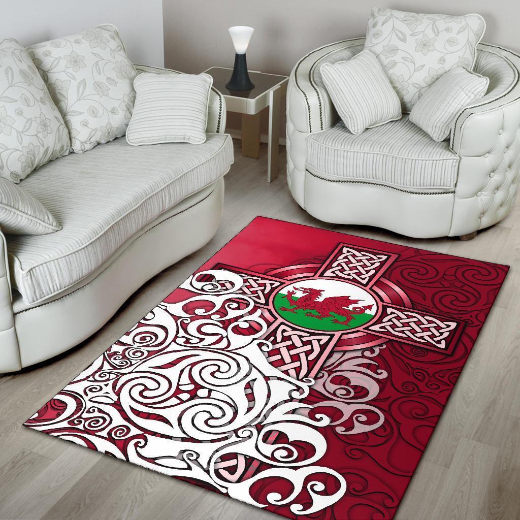 Wales Celtic Area Rug - Welsh Dragon Flag with Celtic Cross - Vibe Hoodie Shop